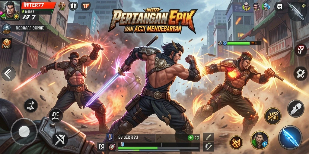 Screenshot INTER77 menampilkan karakter sedang bertarung dengan aksi dinamis.