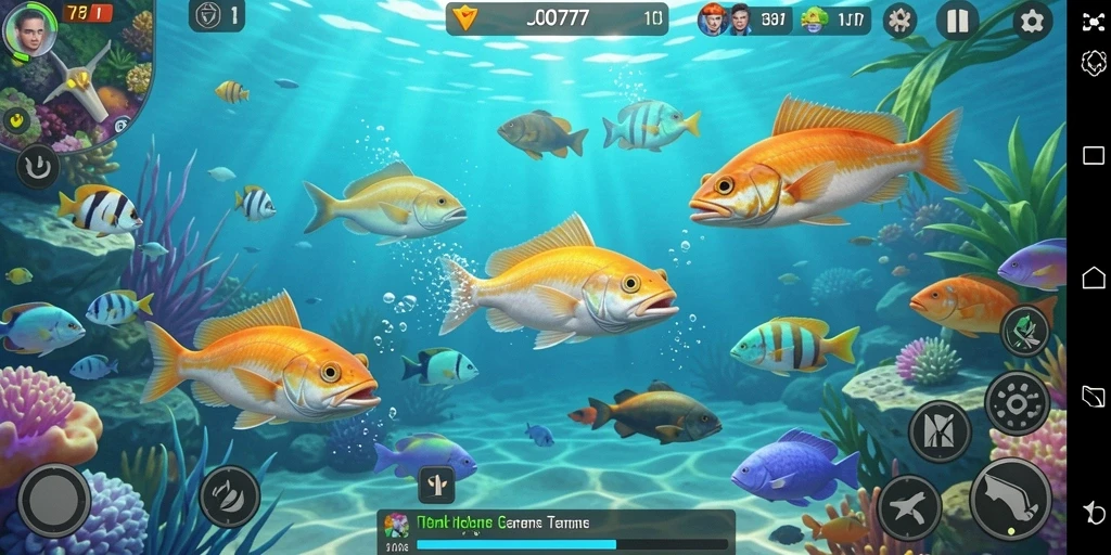 Tampilan gameplay menarik di LJO777 dengan berbagai ikan dan senjata.