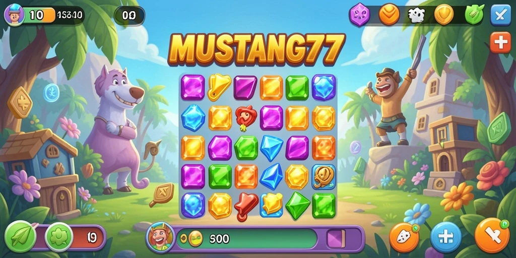 Screenshot MUSTANG77 menunjukkan aksi seru di permainan Match-3.