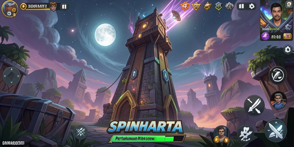 Tampilan gameplay Tower Defense SPINHARTA yang menarik dan strategis.