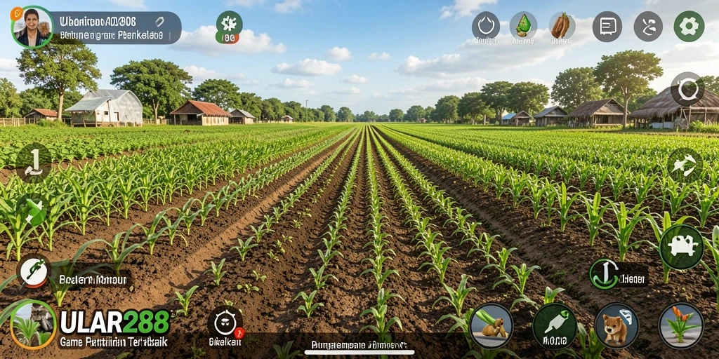 Screenshot gameplay ULAR288 menampilkan ladang subur dengan berbagai tanaman.