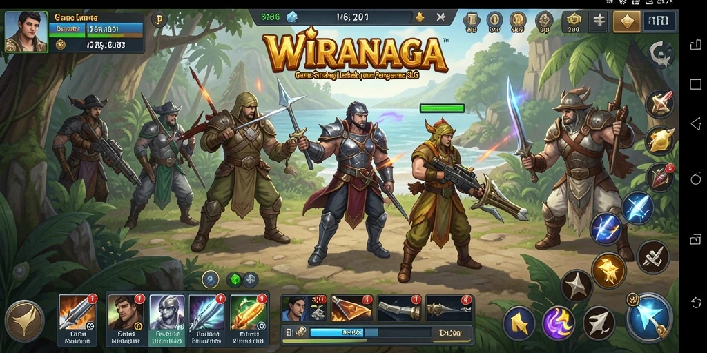 Tampilan gameplay WIRANAGA yang menampilkan strategi pertempuran dan bangunan.
