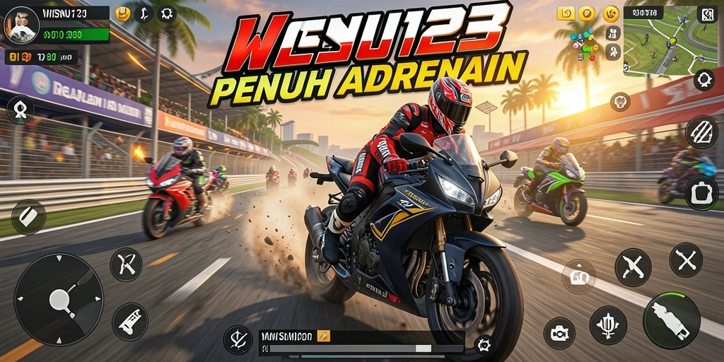 Gameplay seru balapan motor di lintasan penuh warna.